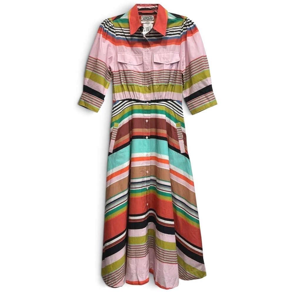 ESSENTIEL ANTWERP Hiced Colorful Striped Cotton Midi Shirt Dress NEW